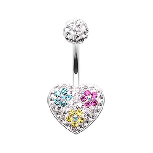 Teal/Fuchsia/Yellow Blossom Crystal Heart Multi-Sprinkle Dot Belly Button Ring