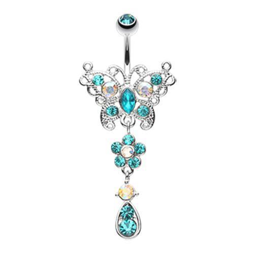 Teal Glistening Butterfly Flower Belly Button Ring