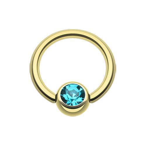 Teal Gold Plated Gem Ball Captive Bead Ring