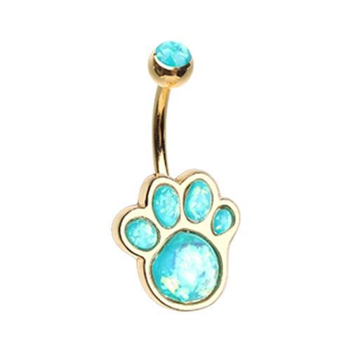 Teal Golden Animal Lover Opal Paw Print Belly Button Ring