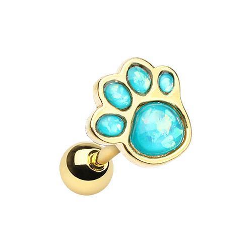 Teal Golden Animal Lover Opal Paw Print Tragus Cartilage Barbell Earring - 1 Piece