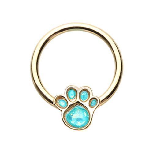 Teal Golden Animal Lover Paw Print Glitter Opal Captive Bead Ring