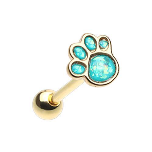 Teal Golden Animal Lover Paw Print Opal Barbell Tongue Ring