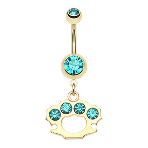 Teal Golden Brass Knuckle Sparkle Belly Button Ring