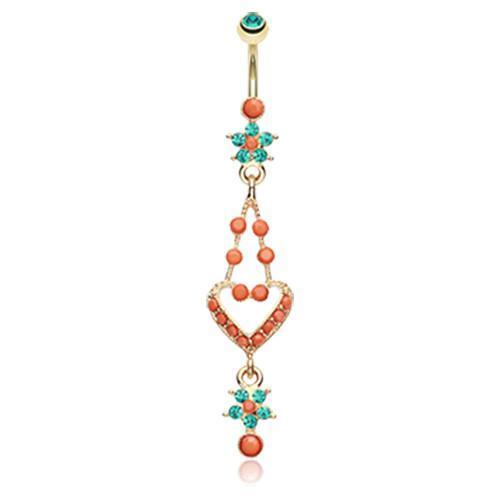 Teal Golden Coral Flora Heart Belly Button Ring