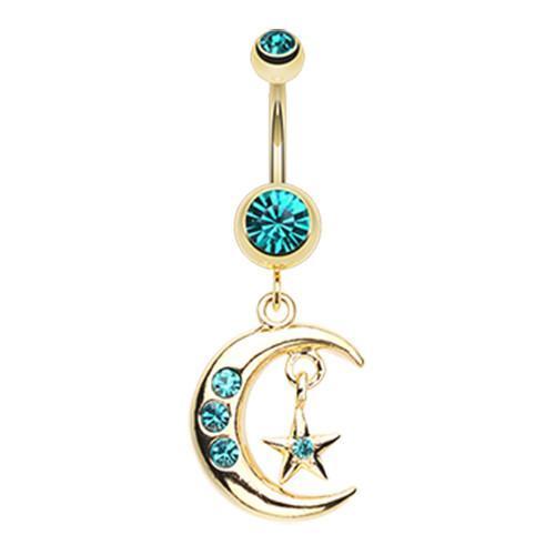Teal Golden Moon and Star Belly Button Ring