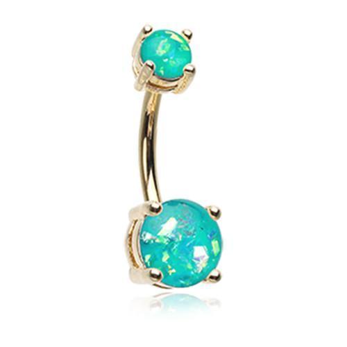 Teal Golden Opal Sparkle Prong Set Belly Button Ring