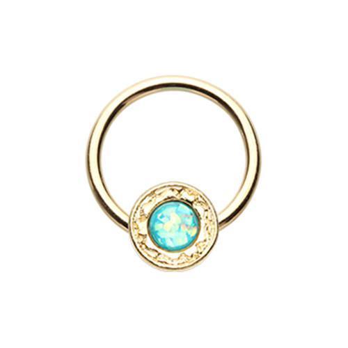 Teal Golden Ornate Round Opal Steel Captive Bead Ring