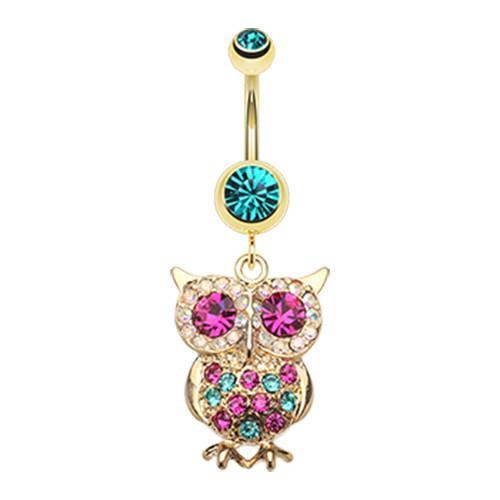 Teal Golden Owl Sparkle Belly Button Ring