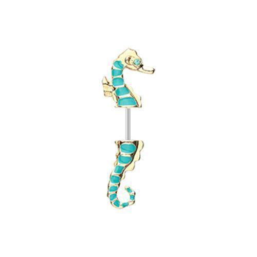 Teal Golden Seahorse Fake Taper Earring - 1 Pair