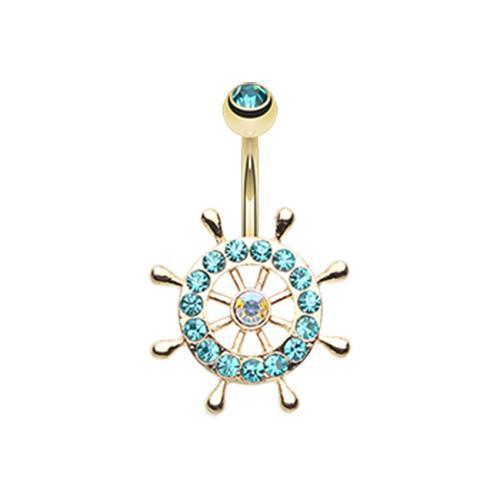 Teal Golden Sparkle Anchor Wheel Belly Button Ring