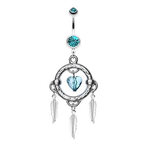 Teal Heart Hoop Feather Dream Catcher Belly Button Ring