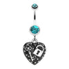 Teal Lock Key on Black Heart Dangle Belly Button Ring
