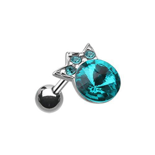 Teal Mini Crown Topped Gem Tragus Cartilage Barbell Earring - 1 Piece