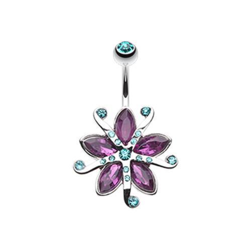 Belly Ring - No Dangle Teal/Purple Glistening Lily Blossome Flower Belly Button Ring -Rebel Bod-RebelBod