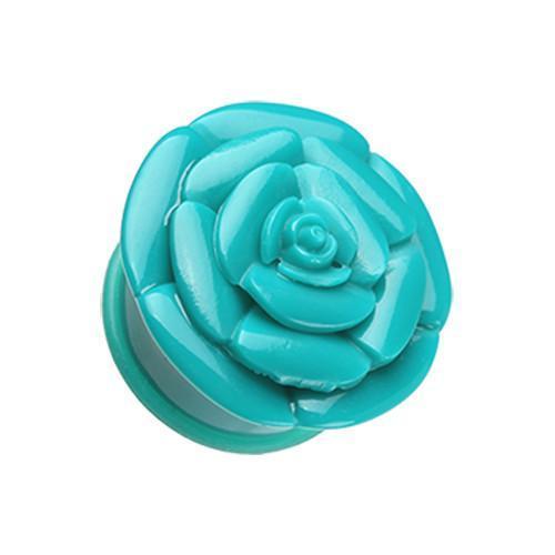 Teal Rose Blossom Flower Single Flared Ear Gauge Plug - 1 Pair