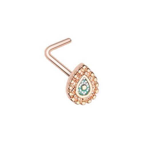 Teal Rose Gold Sparkling Ornate Teardrop L-Shape Nose Ring