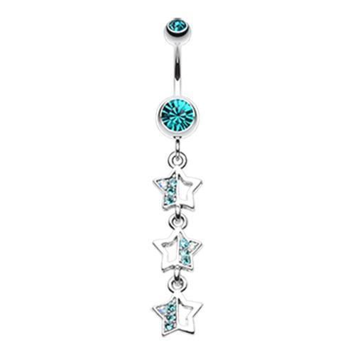 Teal Triple Sparkling Star Belly Button Ring