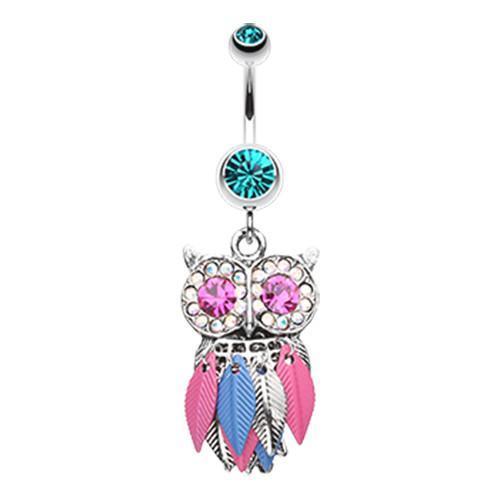 Teal Vibrant Owl Feather Sparkle Belly Button Ring