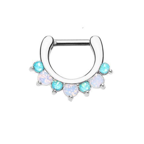 Teal/White Classic Prong White Opal Gem Septum Clicker / Daith Clicker - 1 Piece