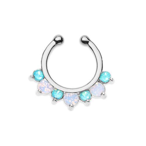 Teal/White Prong Opal Precia Fake Septum Clip-On Ring