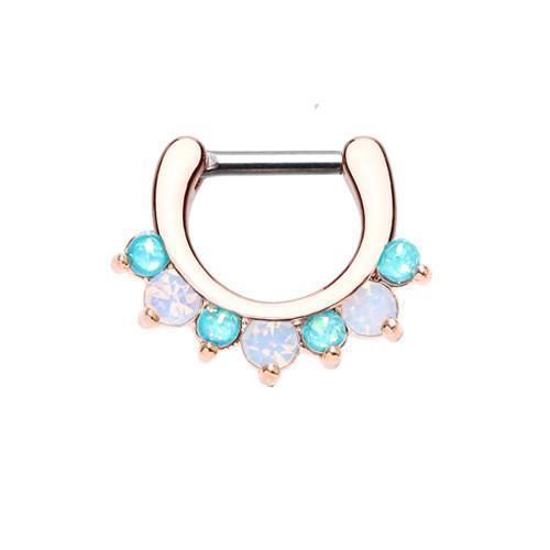 Teal/White Rose Gold Prong White Opal Gem Precia Septum Clicker / Daith Clicker - 1 Piece