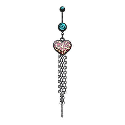 Teal Wild Leopard Heart Belly Button Ring