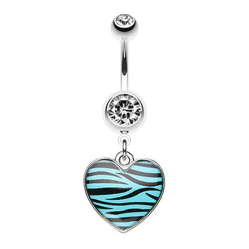 Teal Zebra Pattern Heart Belly Button Ring