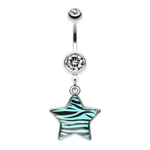 Teal Zebra Star Dangle Belly Button Ring