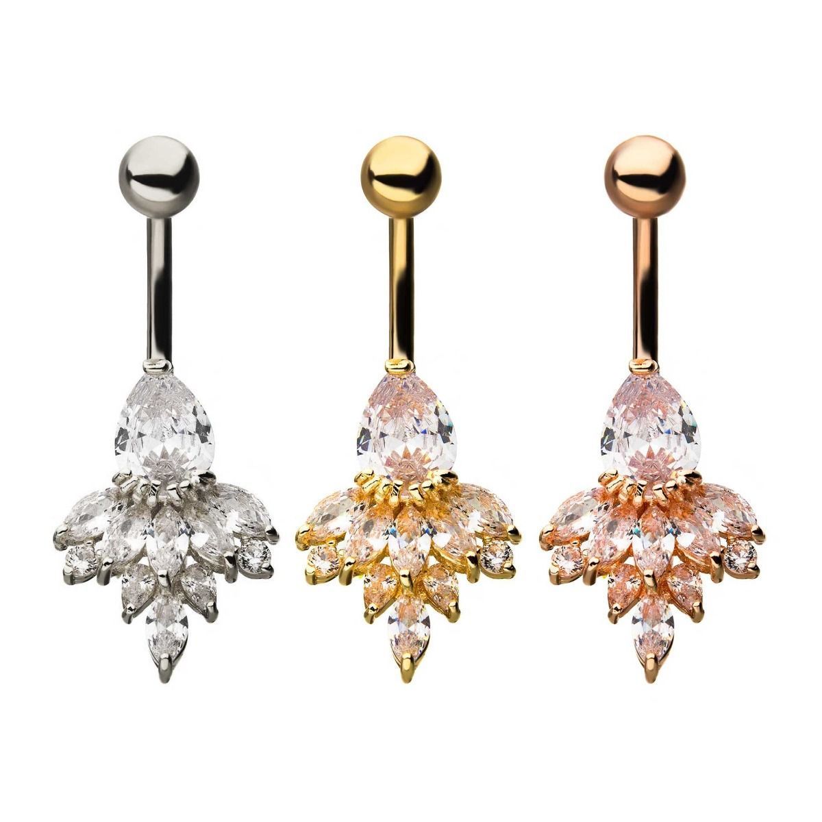 Teardrop Shaped Clear CZ Fanned Edged Belly Ring 5mm Middle Clear CZ Gem