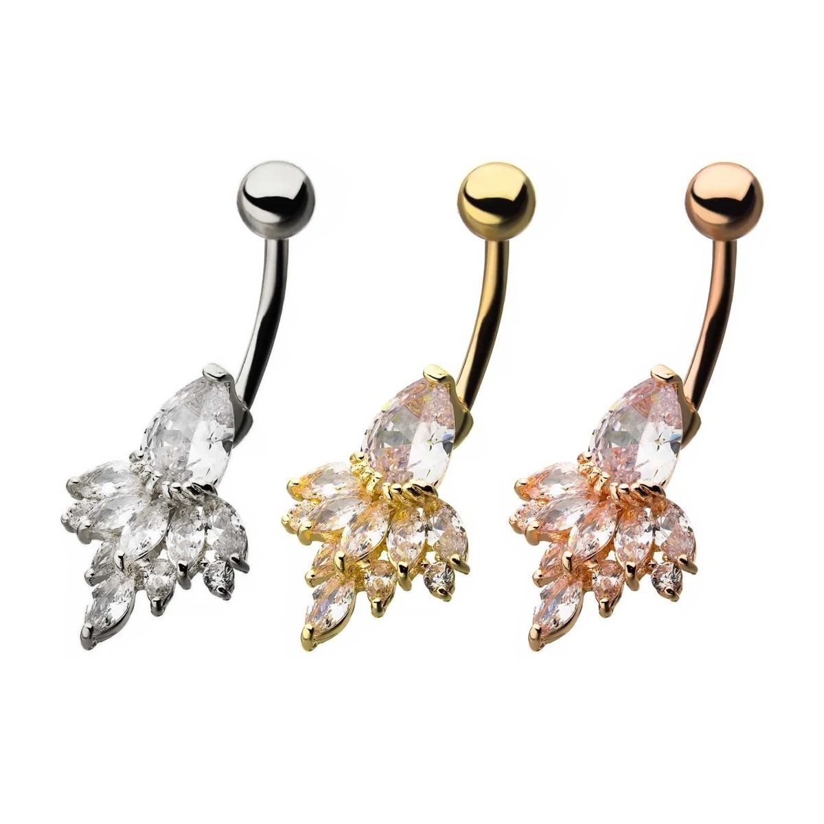 Teardrop Shaped Clear CZ Fanned Edged Belly Ring 5mm Middle Clear CZ Gem