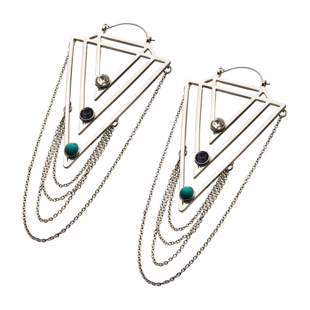 Tapers - Hanging Tiered Chains 3 Gems Plug Hoops -Rebel Bod-RebelBod