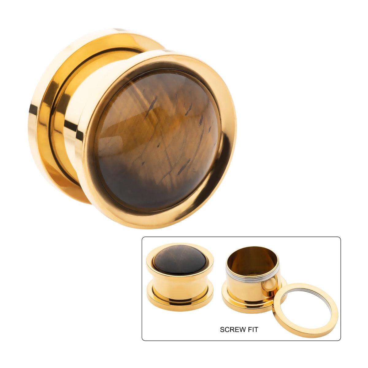 Organics Tiger Eye Stone Gold PVD Screw Fit Plug pss77gpte-2pr -Rebel Bod-RebelBod