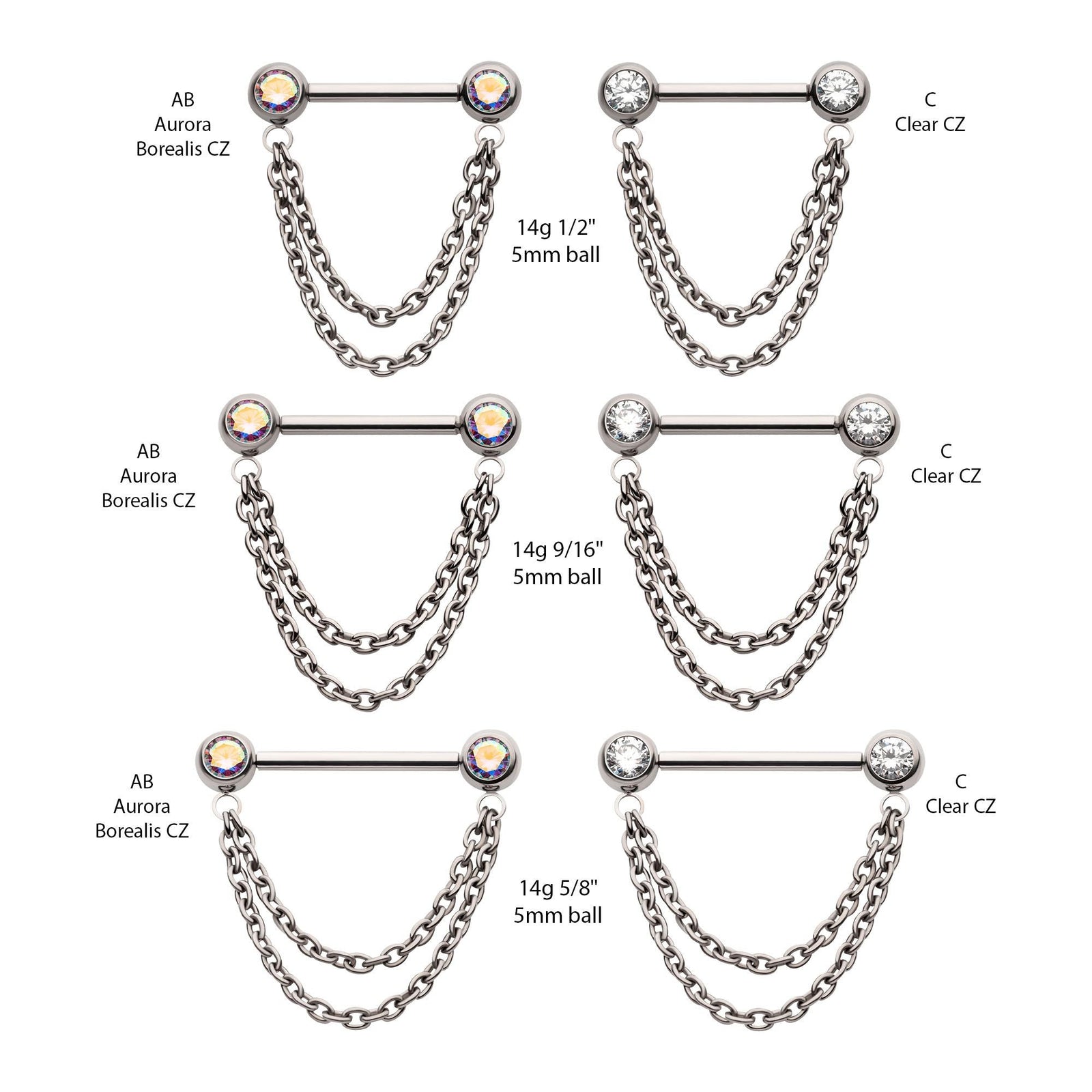 Titanium Double Chain Dangle One Side Threadless, One Side Fixed Gemmed Nipple Bar titlsnpc24452ab -Rebel Bod-RebelBod