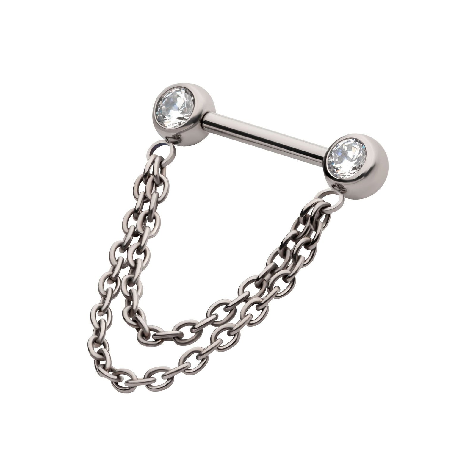 Titanium Double Chain Dangle One Side Threadless, One Side Fixed Gemmed Nipple Bar titlsnpc24452ab -Rebel Bod-RebelBod