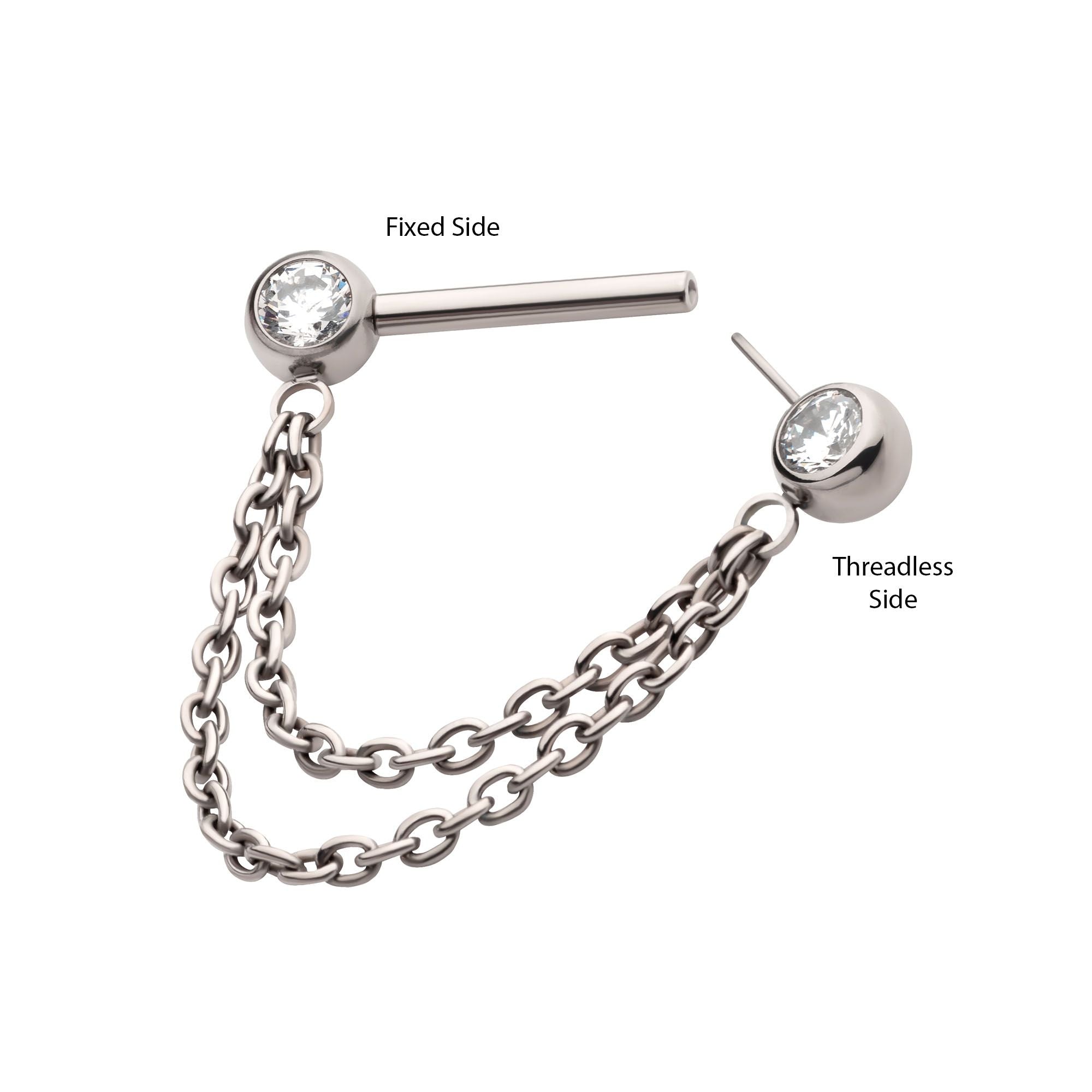 Titanium Double Chain Dangle One Side Threadless, One Side Fixed Gemmed Nipple Bar titlsnpc24452ab -Rebel Bod-RebelBod