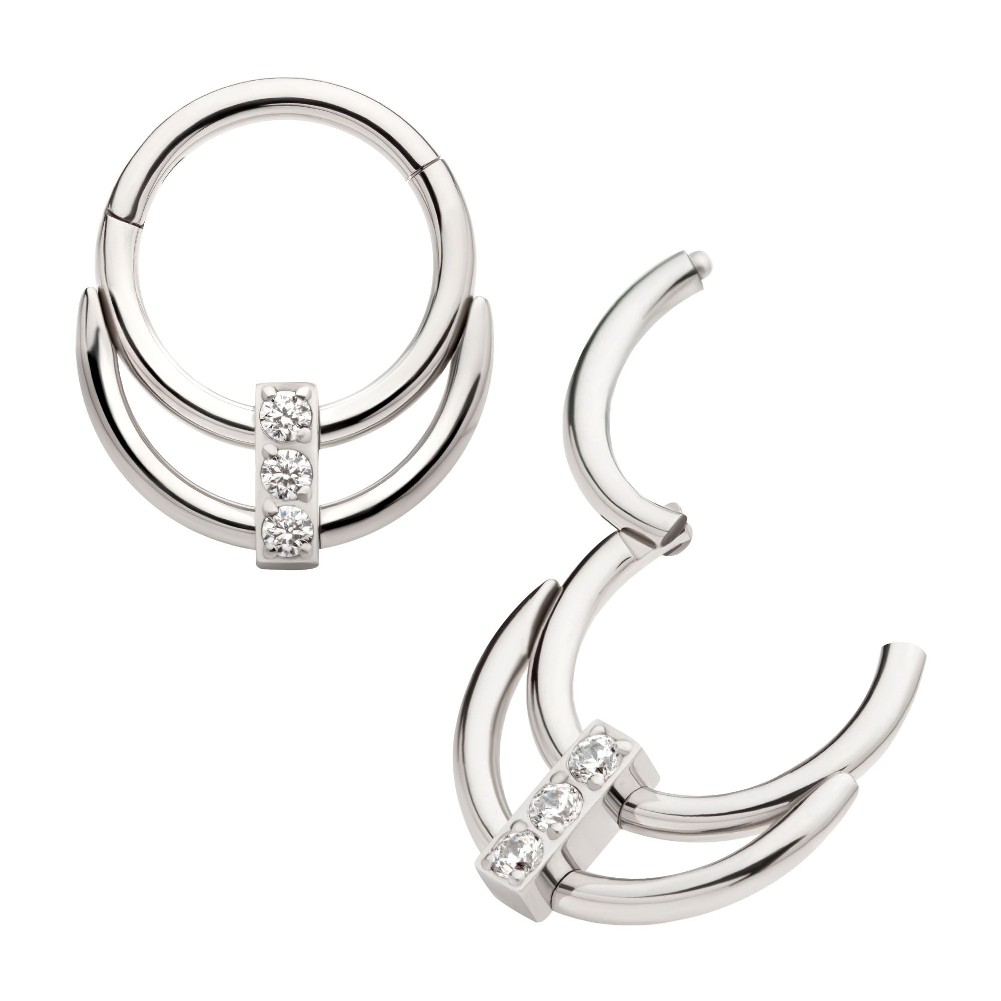 Titanium Double Hoop 3-Cluster CZ Front Facing Hinged Segment Clicker tisgrh8661c -Rebel Bod-RebelBod