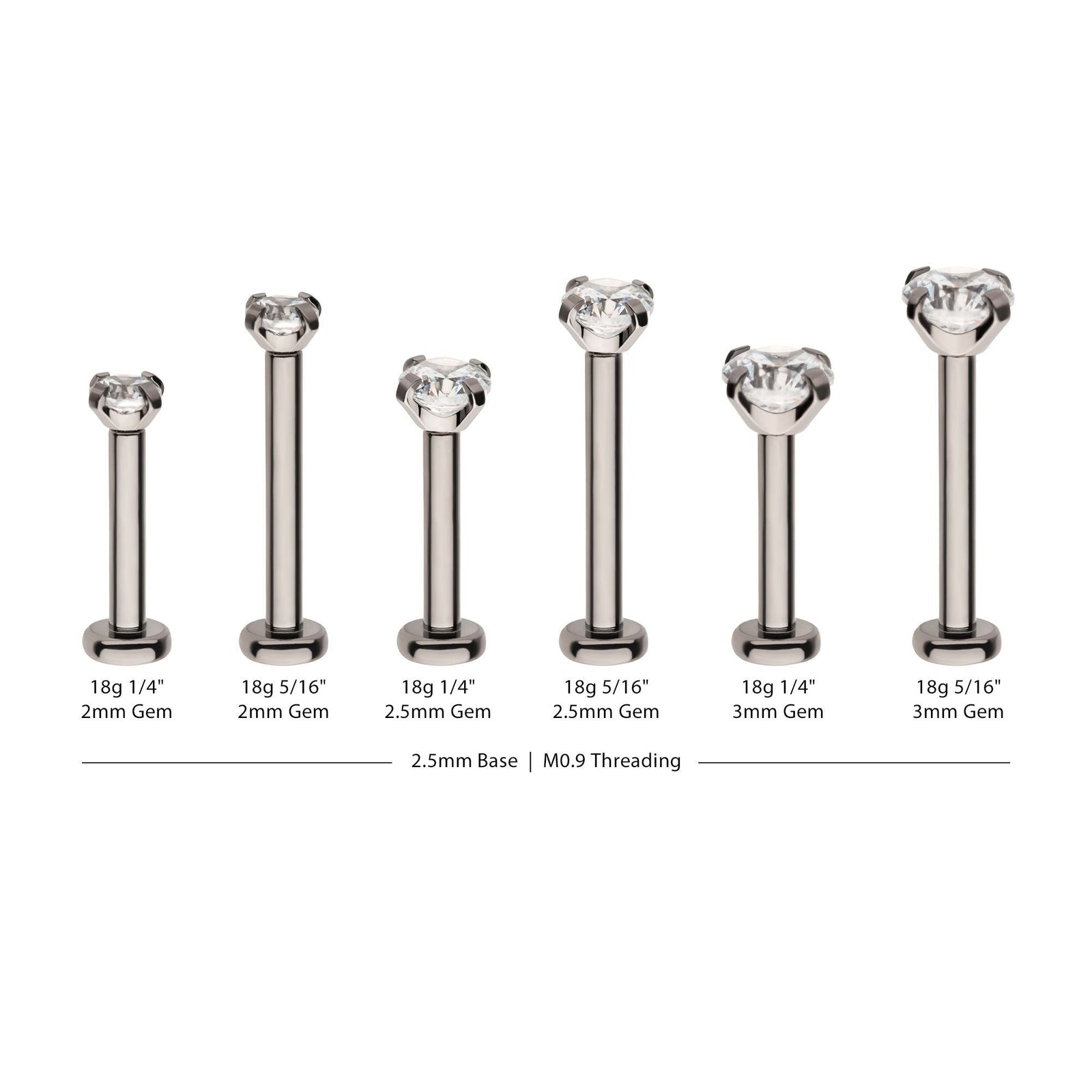 thumbnail image 2 of 16G 5/16" & 3/8" Internally Threaded Labret Tragus Set - 2mm CZ Stone (Pair) 2 of 4