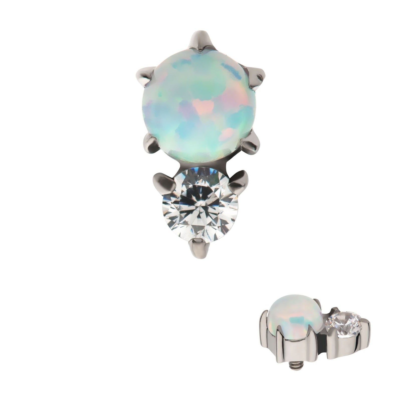 Titanium Internally Threaded Prong Set Round White Opal Heart Clear CZ Top titd20089 -Rebel Bod-RebelBod