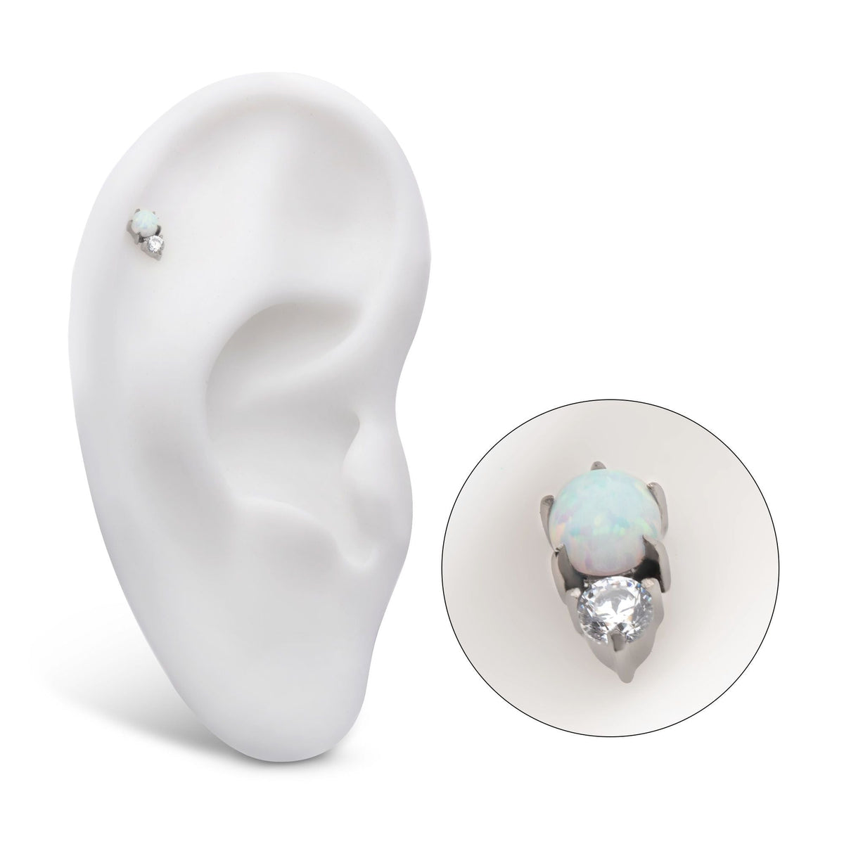 Titanium Internally Threaded Prong Set Round White Opal Heart Clear CZ Top titd20089 -Rebel Bod-RebelBod