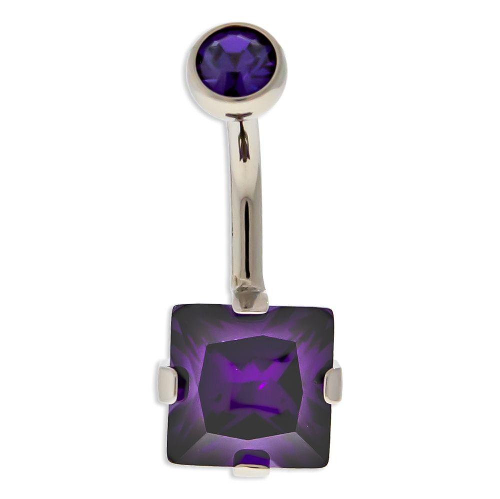CURVED BARBELL Titanium Internally Threaded Prong Set Square Gem Navel Ring  - 1 Piece -Rebel Bod-RebelBod