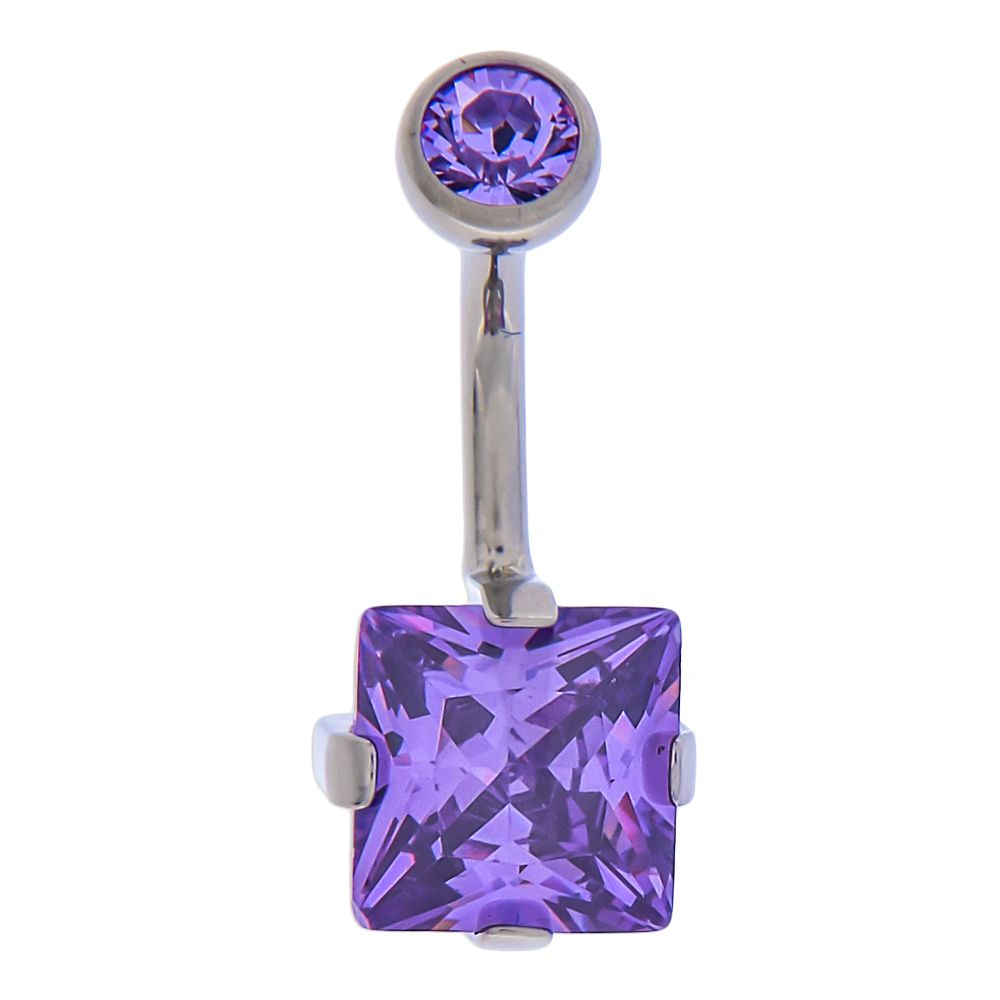 CURVED BARBELL Titanium Internally Threaded Prong Set Square Gem Navel Ring  - 1 Piece -Rebel Bod-RebelBod
