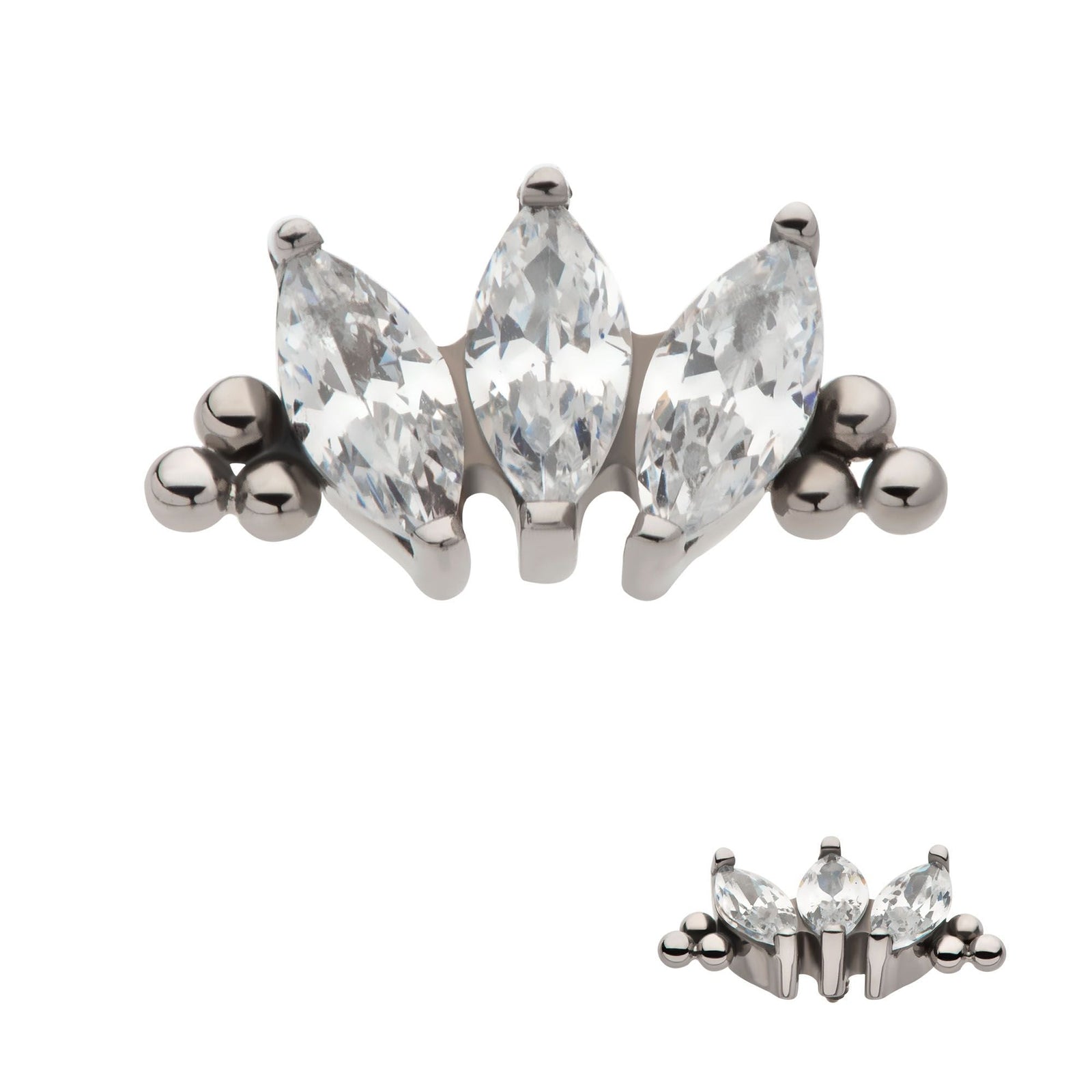 Titanium Internally Threaded Tri Beads Prong Set Marquise CZ 3-Cluster Top titd806 -Rebel Bod-RebelBod