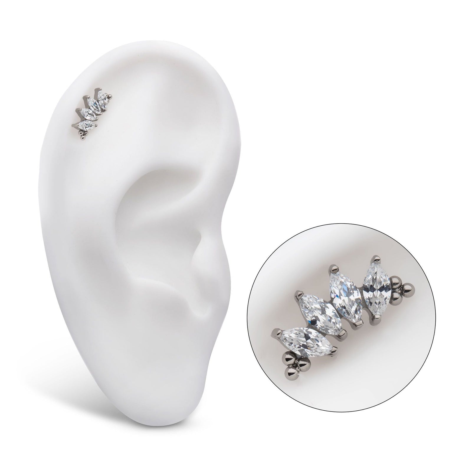 Titanium Internally Threaded Tri Beads Prong Set Marquise CZ 4-Cluster Top titd807 -Rebel Bod-RebelBod