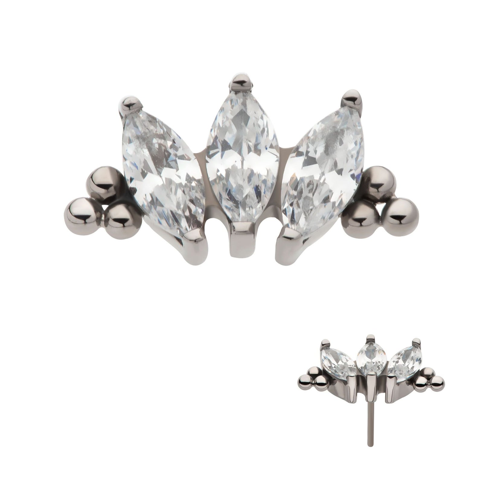 Titanium Threadless Tri Beads Prong Set Marquise CZ 3-Cluster Top titls806 -Rebel Bod-RebelBod