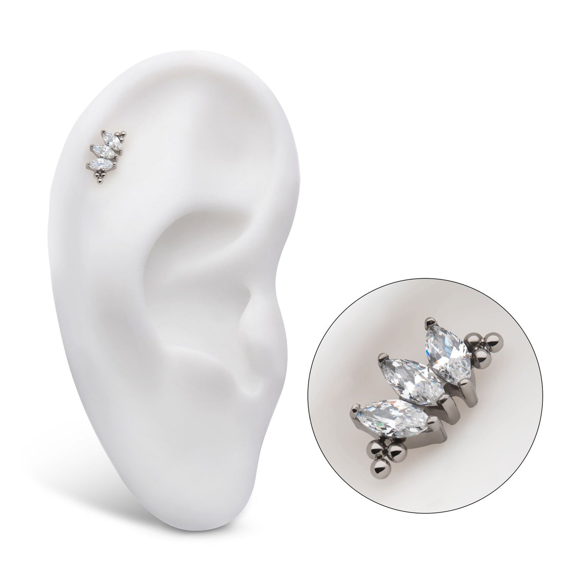 Titanium Threadless Tri Beads Prong Set Marquise CZ 3-Cluster Top titls806 -Rebel Bod-RebelBod