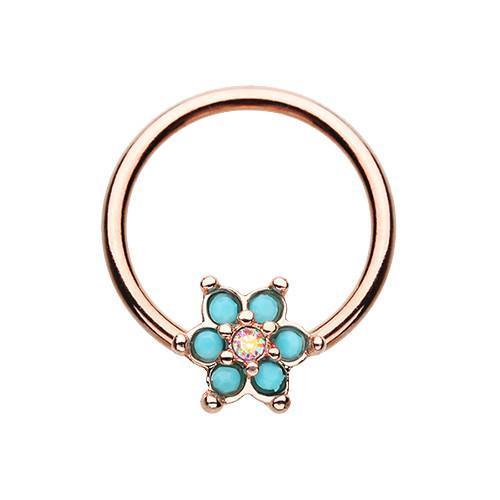 Turquoise/Aurora Borealis Rose Gold Turquoise Spring Flower Sparkle Captive Bead Ring