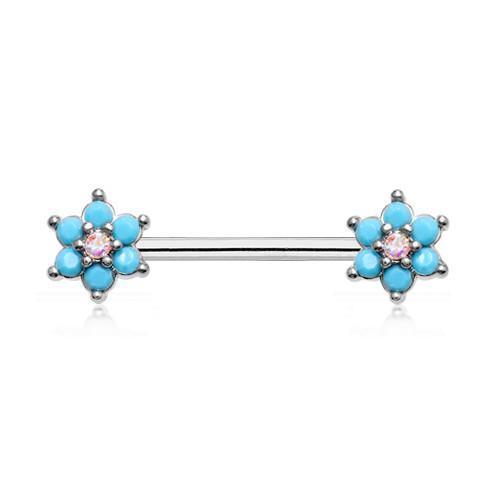 Turquoise/Aurora Borealis Turquoise Spring Flower Sparkle Prong Set Nipple Barbell Ring - 1 Piece