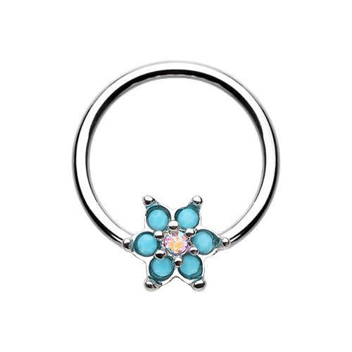 Turquoise/Aurora Borealis Turquoise Spring Flower Sparkle Captive Bead Ring