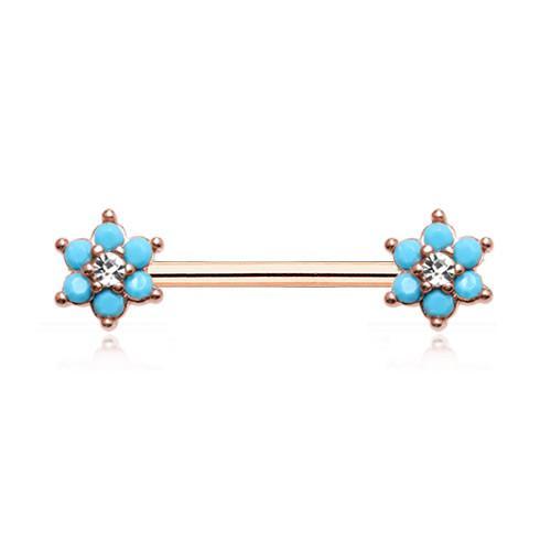Turquoise/Clear Rose Gold Turquoise Spring Flower Sparkle Prong Set Nipple Barbell - 1 Piece